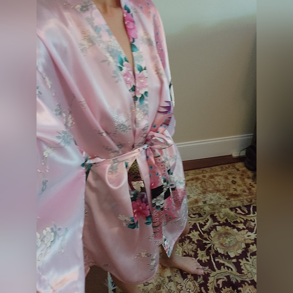 Floral Pink Satin Kimono Robe